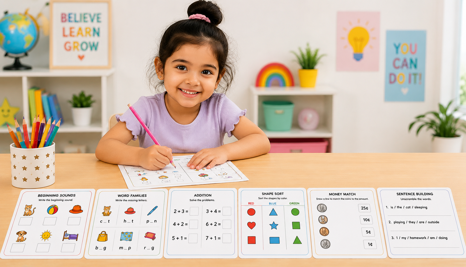 A young girl focused and smiling while completing printed worksheets