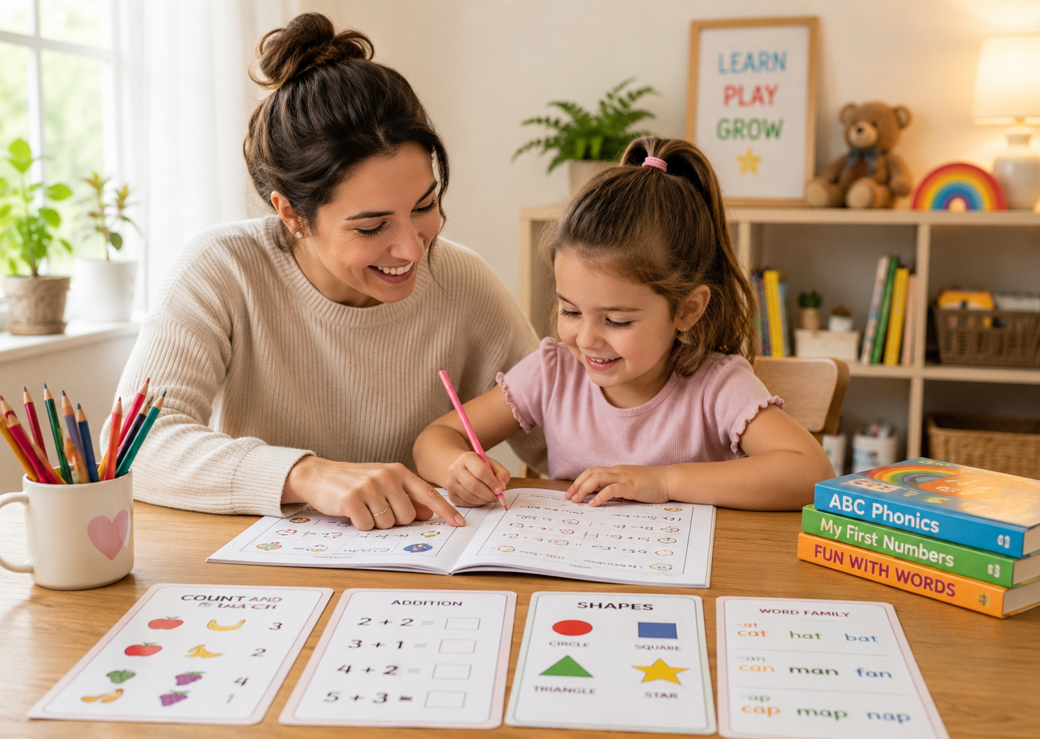 A mother helping her daughter complete printed worksheets together at the kitchen table