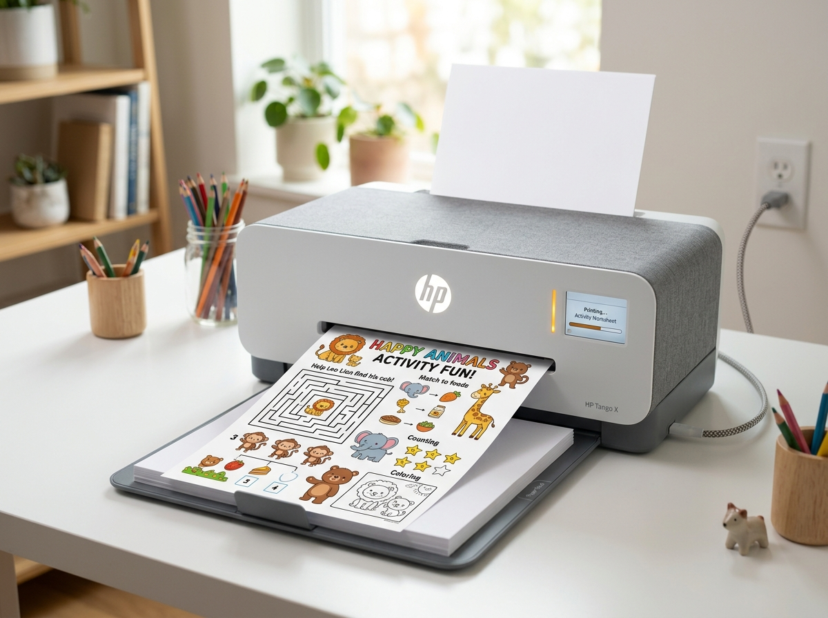 Printer printing out a Doodle Buddies kids activity worksheet